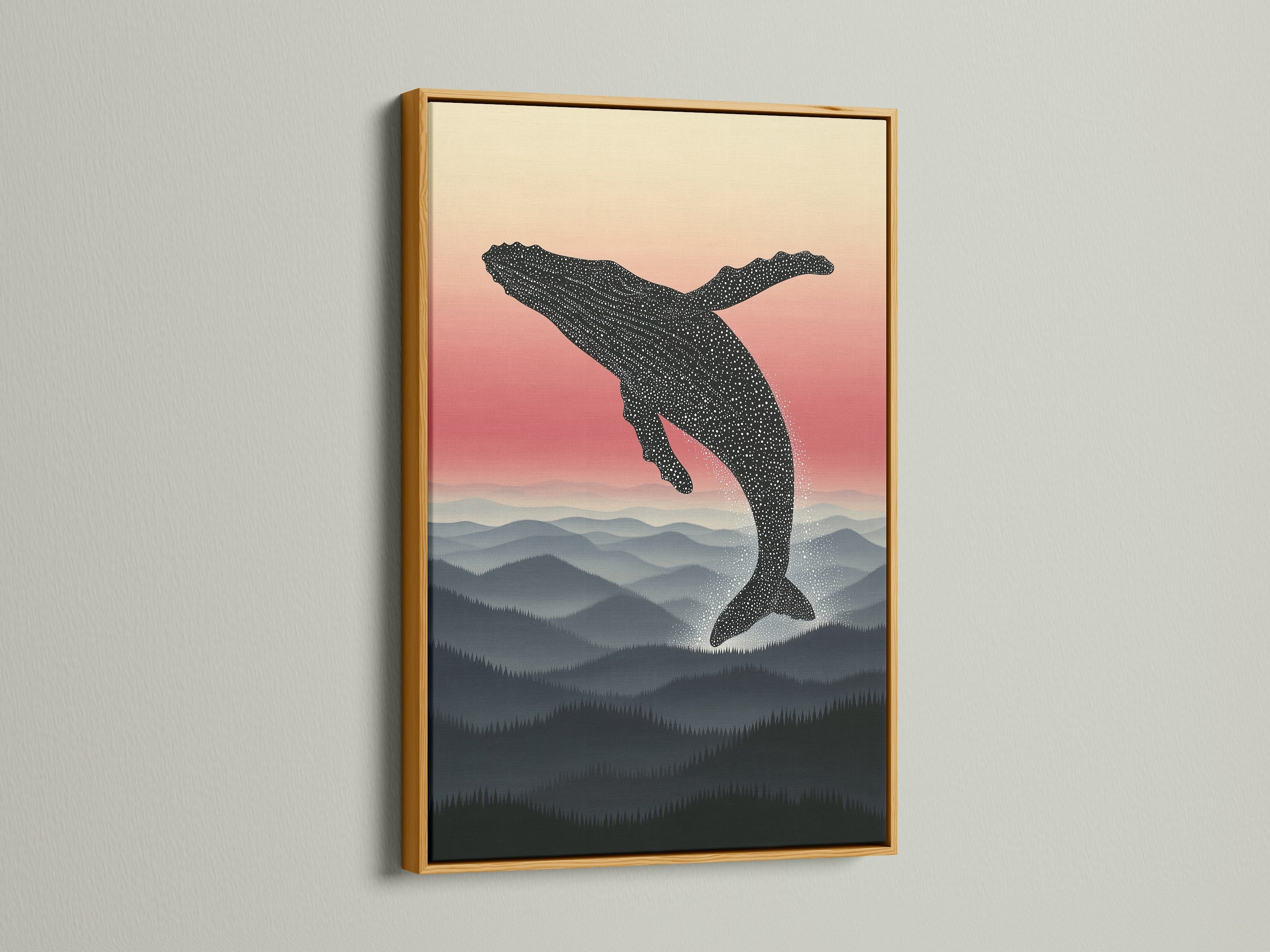 Here is a gold frame on the whale artwork. The mountain landscape wall art is eye catching. This minimalist nature poster is ideal for bedroom decor. It's a beautiful mountain scene.