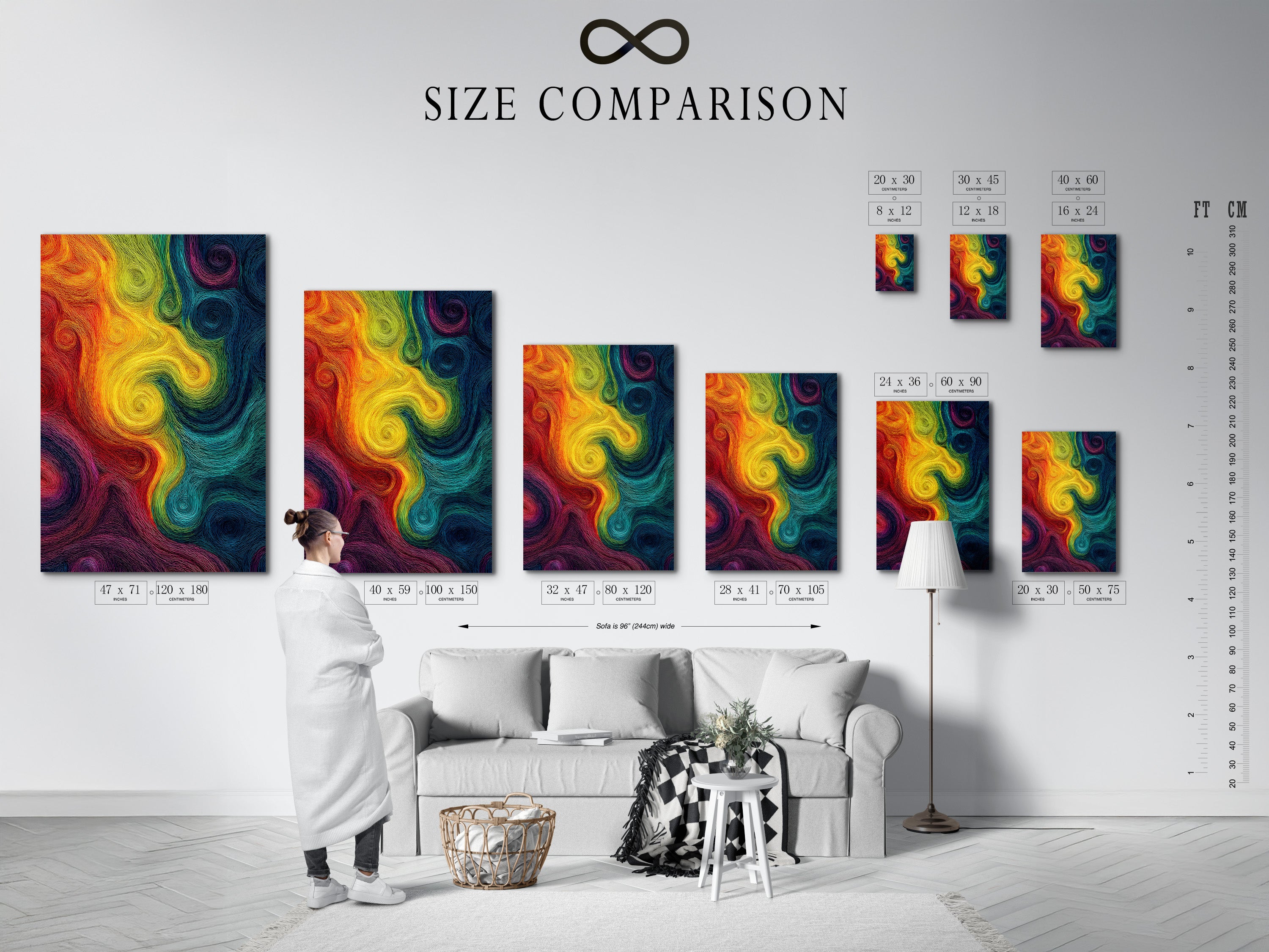 A size comparison chart is displayed in an interior setting. It helps visualize how different sizes of abstract swirl artwork fit in a room. This visual guide aids in choosing the perfect scale for your wall decor needs. It ensures a harmonious fit within your space.