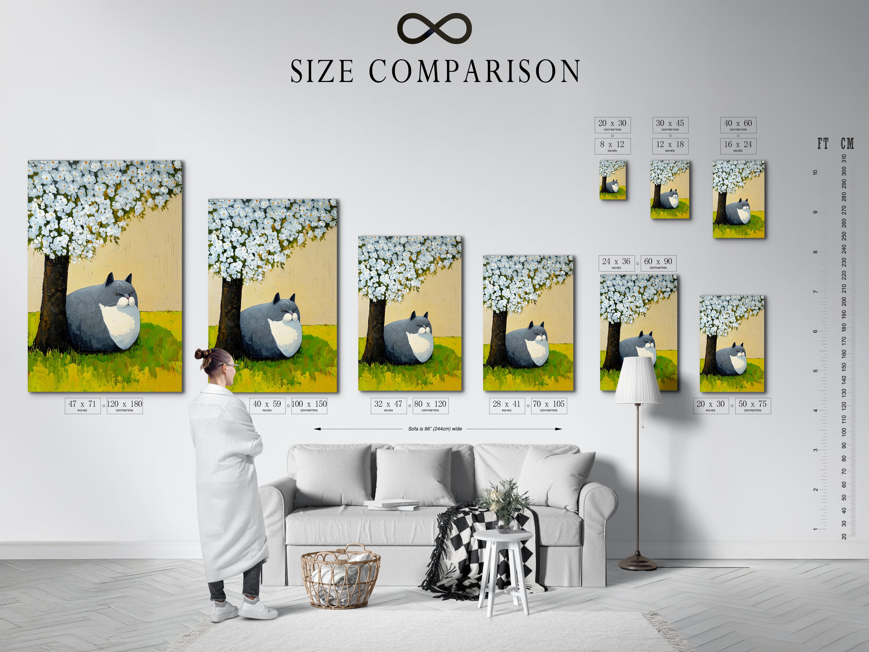 A size comparison chart in an interior setting displays various dimensions for a cat under tree artwork. Choose the perfect size for your animal canvas print. This spring blossom art suits bedrooms and nurseries. Ideal for homeowners seeking unique wall decor.