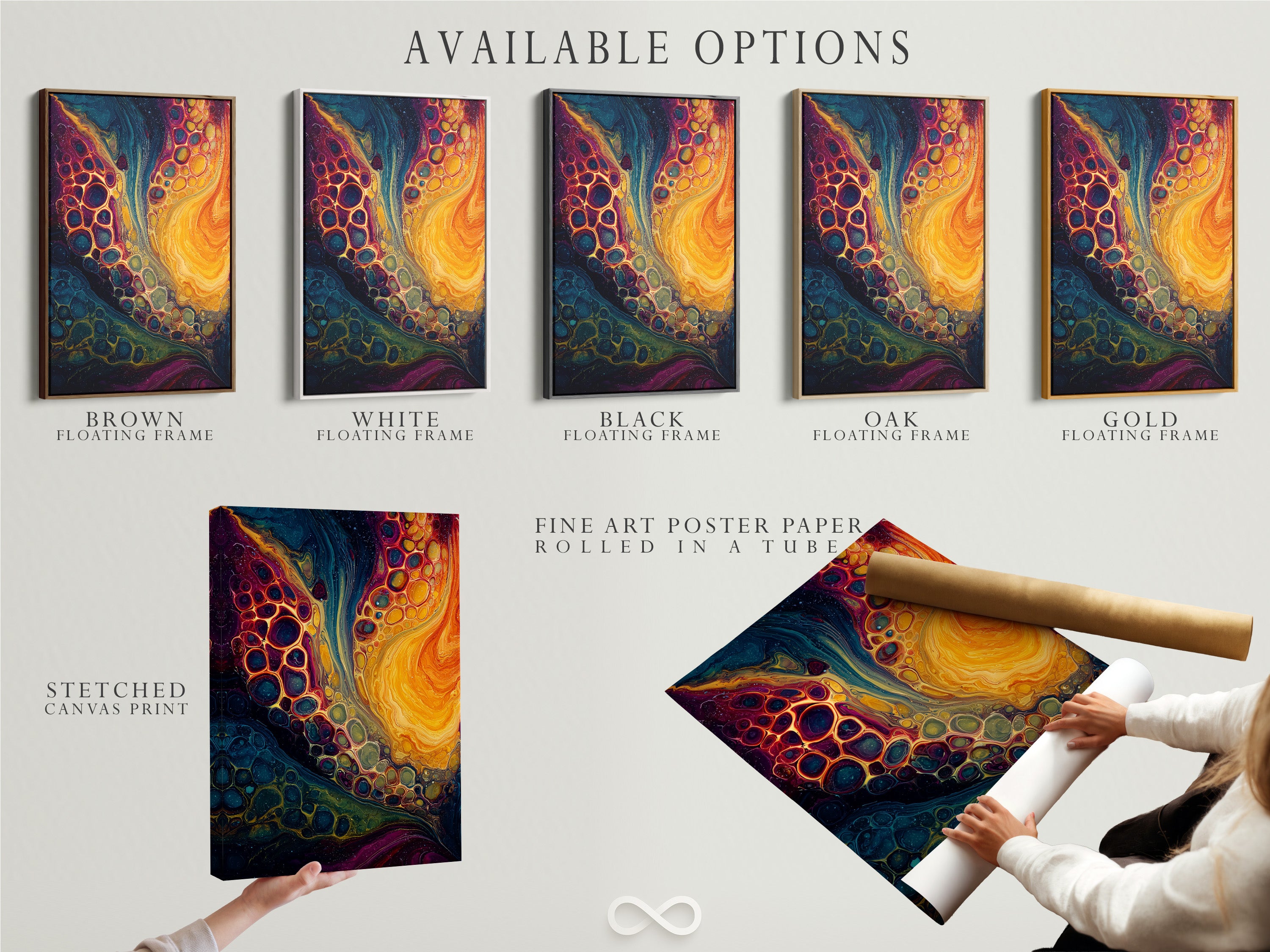 Available options include a stretched canvas print fine art poster paper and a floating frame. Choose the perfect format to showcase your artwork. Each option offers a unique aesthetic and presentation. Stretched canvas provides a gallery-like feel. Fine art paper allows for detailed reproductions. Floating frames add a modern touch.