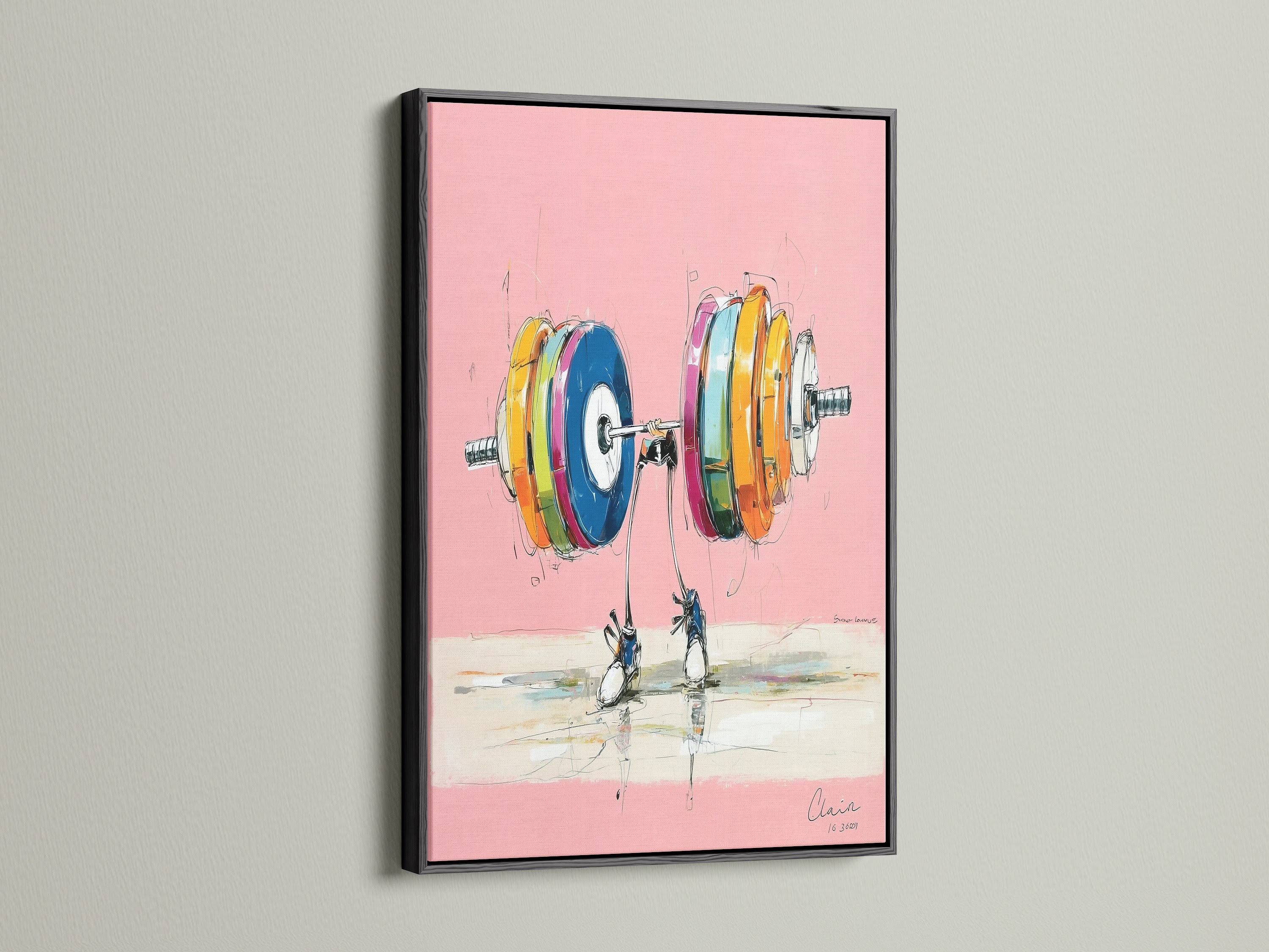Weightlifting Canvas Print with a Black Frame. This abstract fitness artwork is ideal for gym wall decor. This colorful artwork will elevate your home gym art. A great addition to any exercise decor. A modern art print for sports enthusiasts
