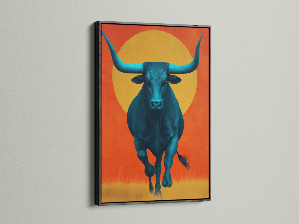 Check out this bold teal bull artwork showcased in a sleek black frame. This piece is a standout example of modern canvas art. It enhances farmhouse decor with a southwestern vibe. This animal artwork offers a sophisticated touch to your home decor collection.