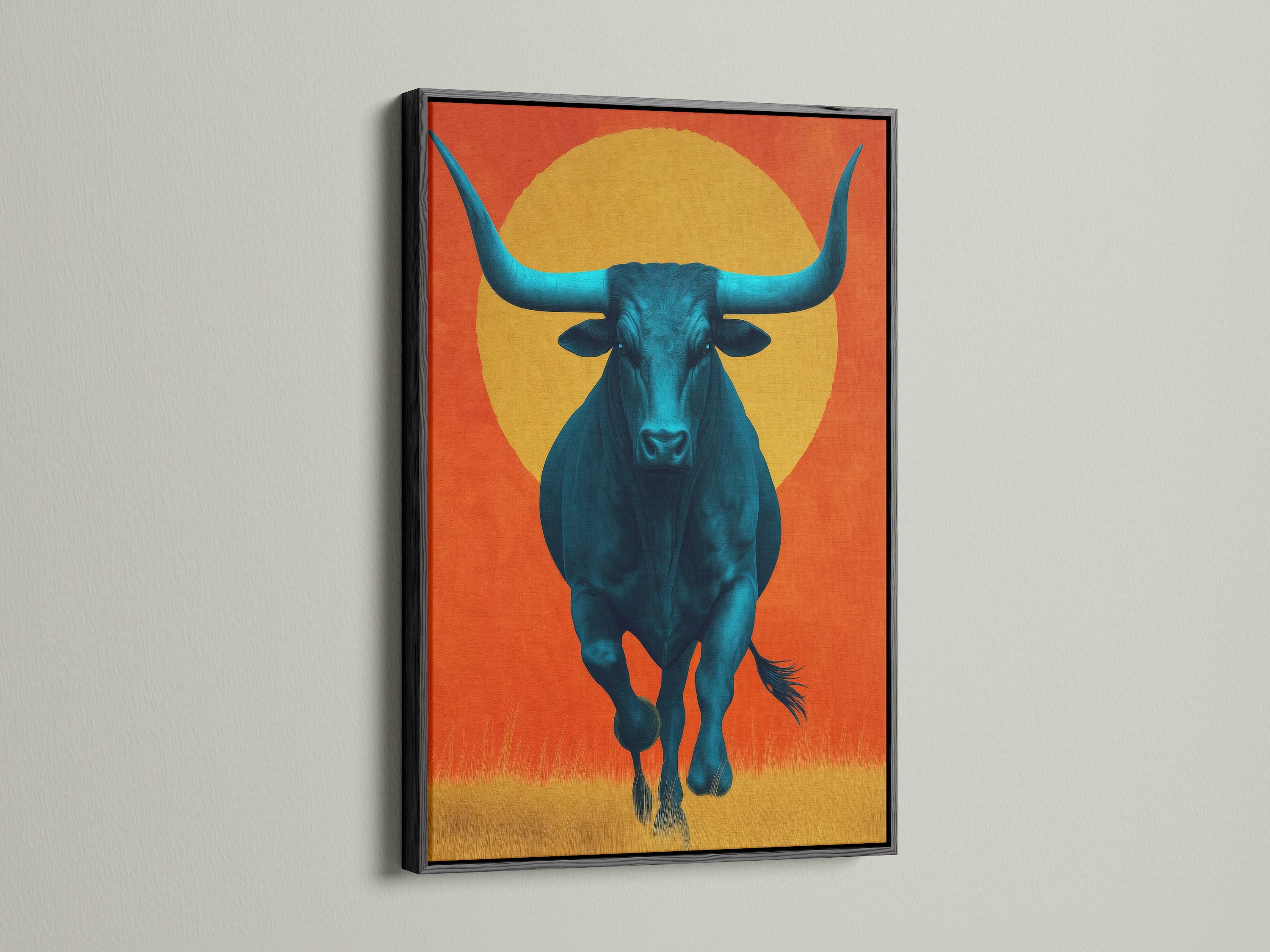 Check out this bold teal bull artwork showcased in a sleek black frame. This piece is a standout example of modern canvas art. It enhances farmhouse decor with a southwestern vibe. This animal artwork offers a sophisticated touch to your home decor collection.