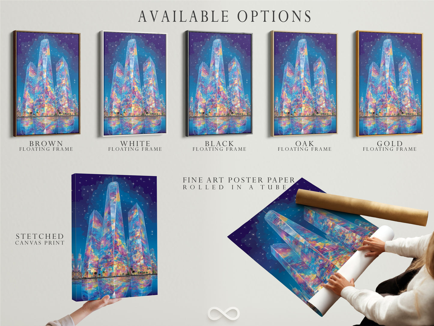 Explore available options for this colorful city skyline artwork. Choose between a stretched canvas print fine art poster paper or a floating frame. Customize your modern urban art to match your style. Find the perfect contemporary art for your home or office.