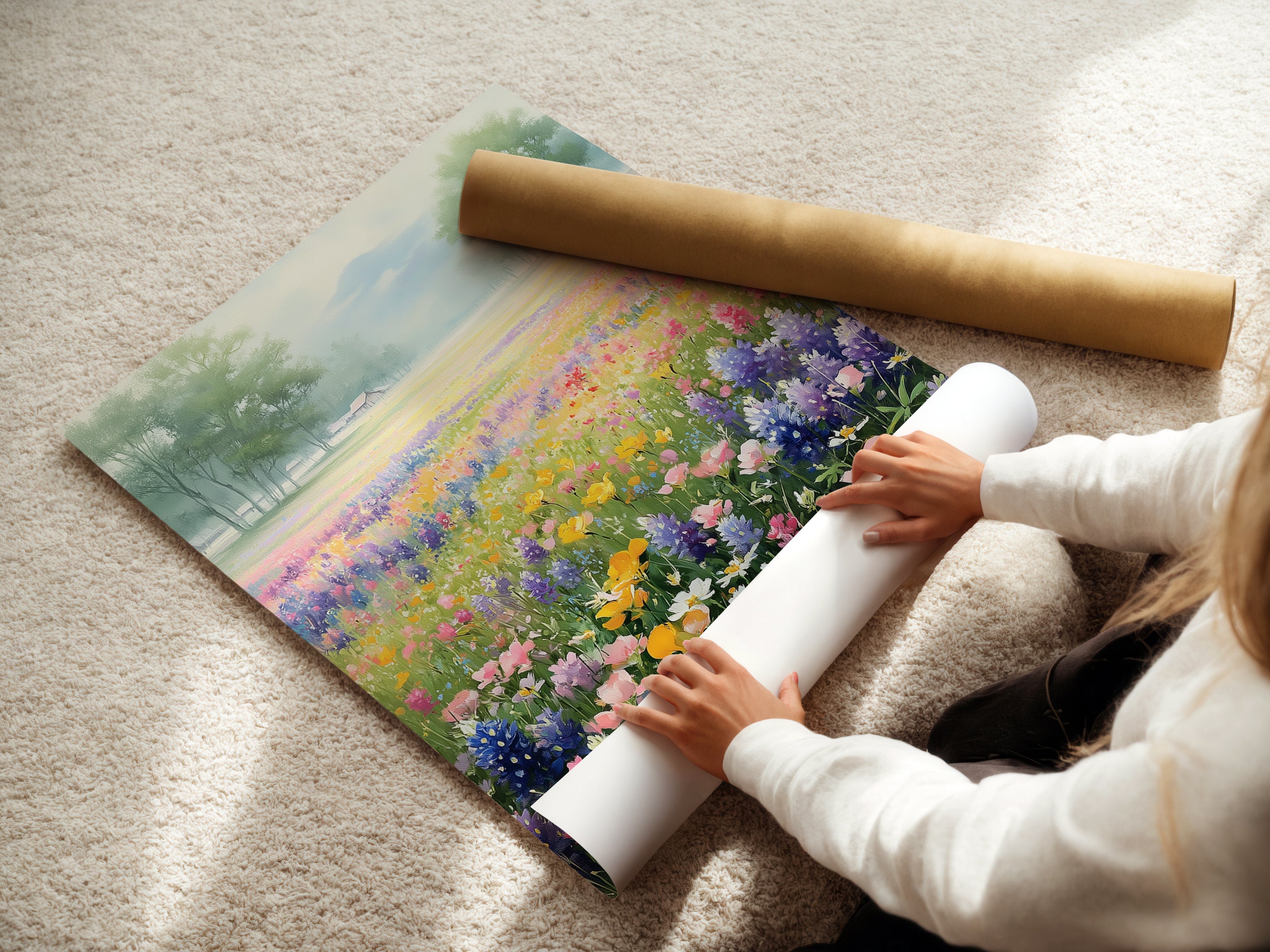 A woman carefully rolls a fine art poster paper. This ensures the wildflower field artwork is preserved. Perfect for homeowners renters and interior stylists. This botanical wall art complements farmhouse country or cottage styles.