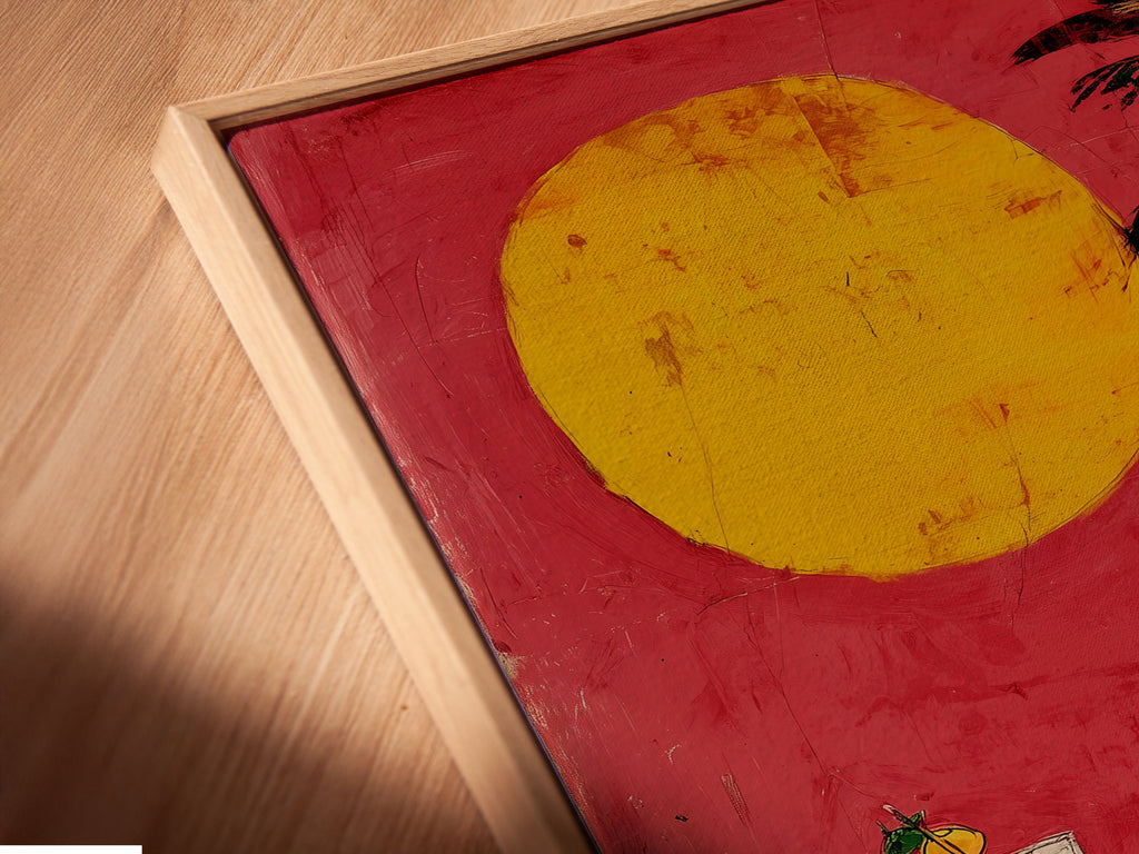 This is a close-up of a canvas print in a floating frame. The Walrus Beach artwork has a modern look. It's perfect for playful wall decor. It suits coastal and tropical themes. Add unique living room art to your space with this summer art.