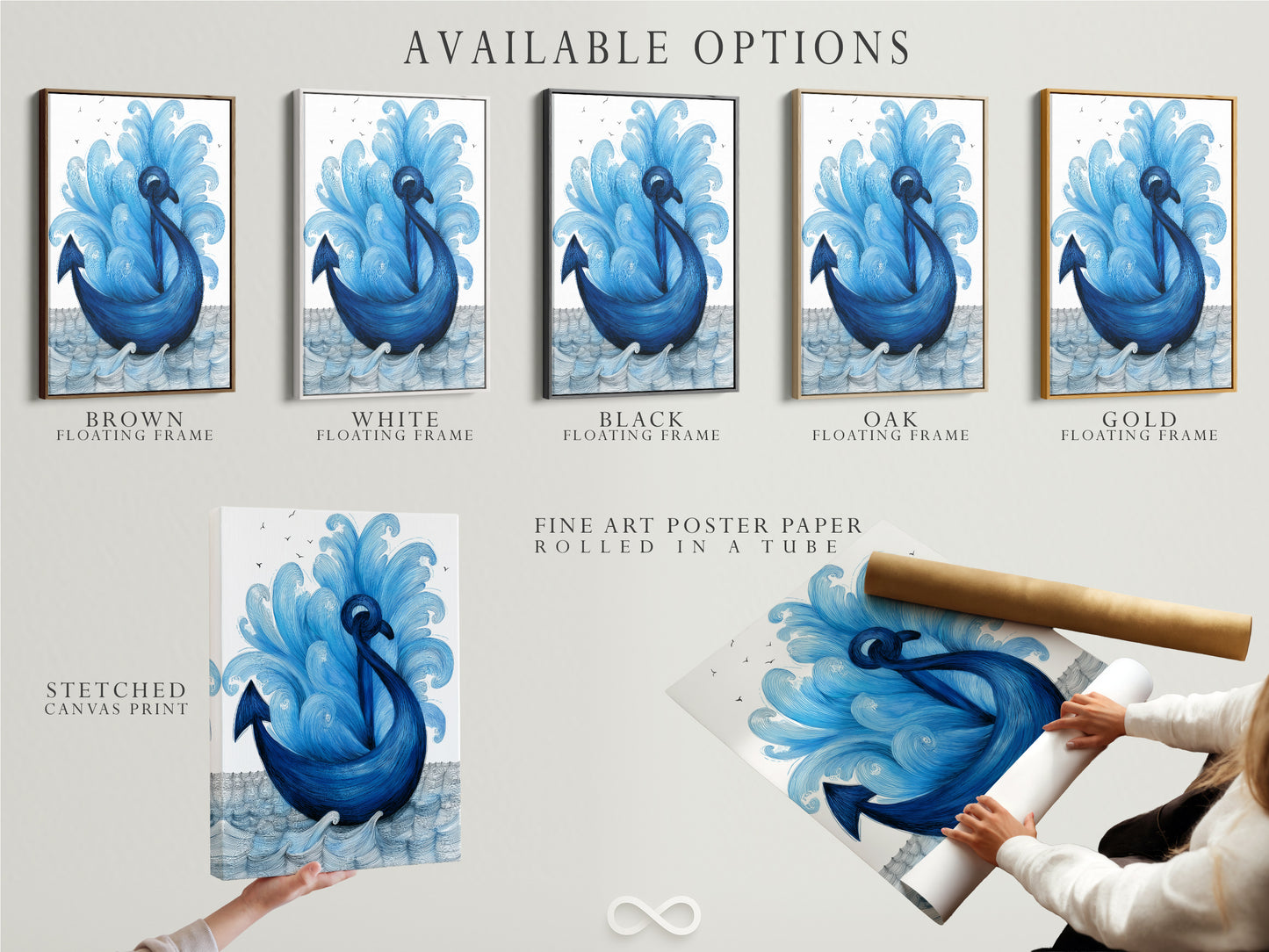 Explore our available options for the navy blue anchor artwork. Choose from stretched canvas print fine art poster paper or a floating frame. Each option enhances the coastal artwork's appeal. Perfect for nautical and sea themed decor. Find the ideal maritime art to suit your style.
