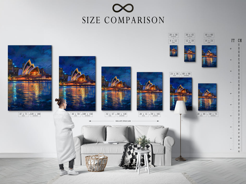 Examine a size comparison chart displayed in an interior. See how different sizes of artwork fit in a room. Visualize the impact of each piece on your wall. Choose the perfect size for your space