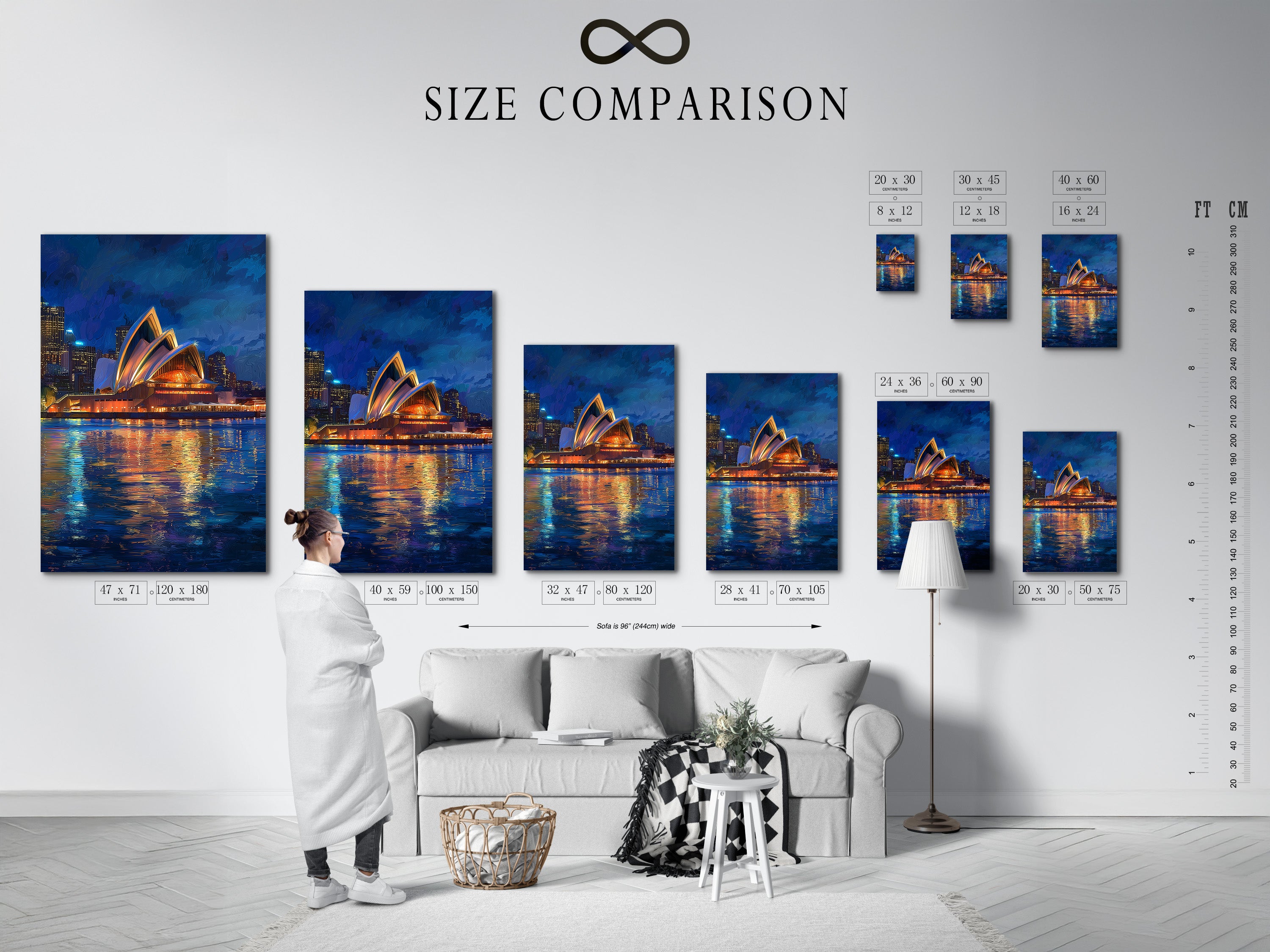 Examine a size comparison chart displayed in an interior. See how different sizes of artwork fit in a room. Visualize the impact of each piece on your wall. Choose the perfect size for your space
