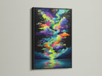 This black frame highlights the vivid wall art. The abstract lake art adds depth and intrigue. This modern artwork is perfect for any room. The colorful cloudscape artwork is a statement piece.