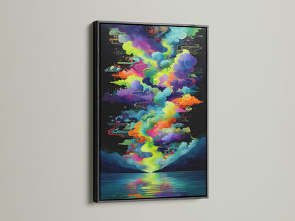 This black frame highlights the vivid wall art. The abstract lake art adds depth and intrigue. This modern artwork is perfect for any room. The colorful cloudscape artwork is a statement piece.