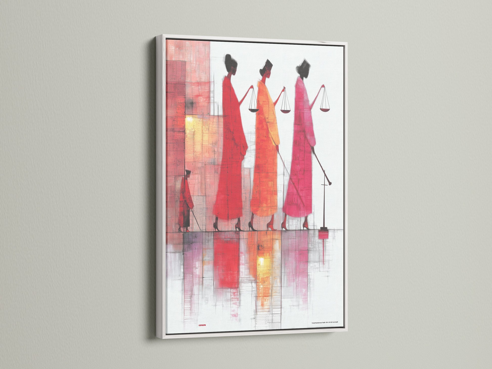 Justice Scales art in a white frame. The figures are adorned in red orange and pink robes. They hold scales symbolizing justice and fairness. This modern artwork is ideal for a law firm or legal practice.