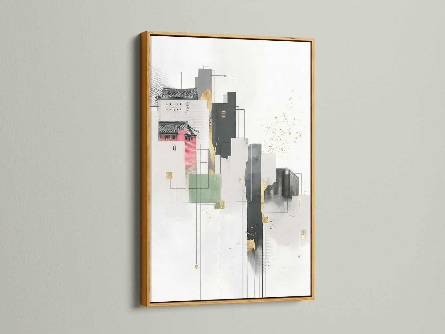 A gold frame adds a luxurious touch to this abstract cityscape artwork. The modern canvas art features geometric buildings and architectural details. Perfect for enhancing office decor with minimalist art. The neutral tones and gold accents create a sophisticated look. Discover the beauty of this urban art print for your home or office. This contemporary art piece is ideal for scandi decor.