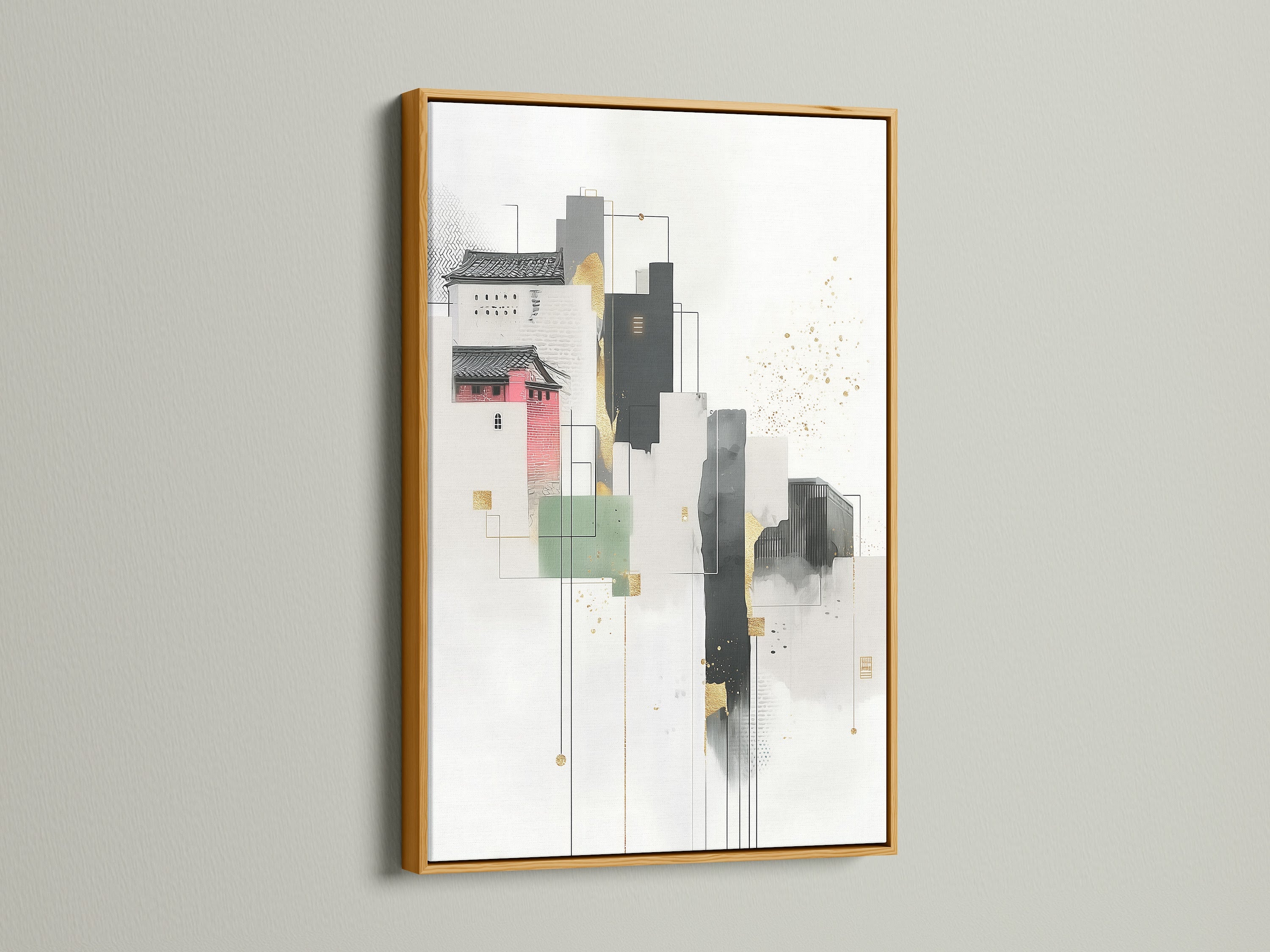 A gold frame adds a luxurious touch to this abstract cityscape artwork. The modern canvas art features geometric buildings and architectural details. Perfect for enhancing office decor with minimalist art. The neutral tones and gold accents create a sophisticated look. Discover the beauty of this urban art print for your home or office. This contemporary art piece is ideal for scandi decor.