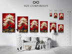 A size comparison chart is displayed in an interior setting. The cherry blossom tree artwork is available in various sizes. Choose the perfect fit for your space to enhance your Asian home decor. This Japanese bonsai canvas wall art adds a touch of zen tranquility. Red and gold colors are captivating.