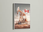 Discover the oil derrick art with the Canadian flag in a white frame. Ideal for adding a patriotic touch to your office wall decor. Enhance your space with this unique Canadian artwork. It brings industrial charm.
