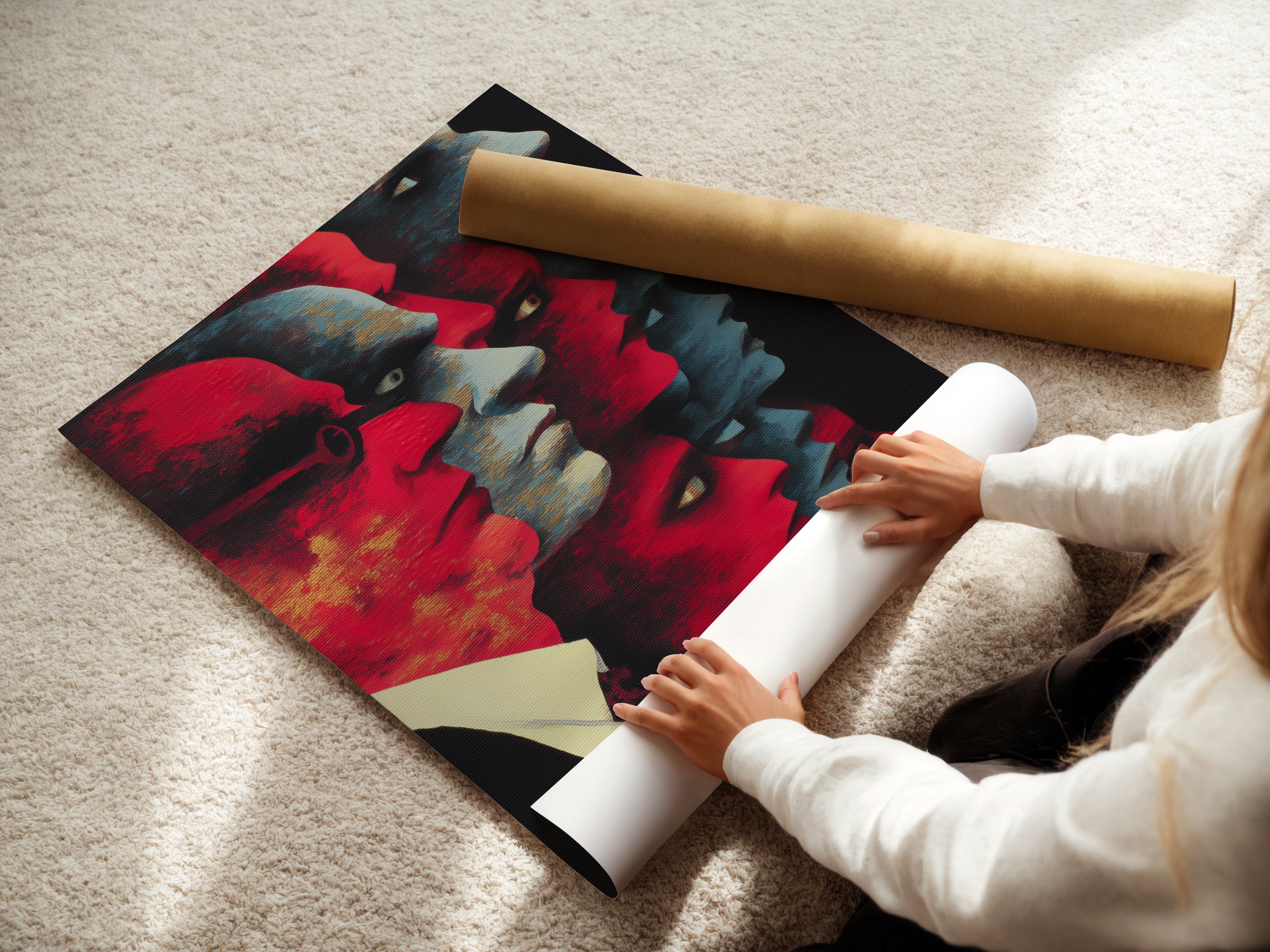A woman carefully rolls a fine art poster paper featuring abstract faces. The red and blue modern artwork is perfect for creating unique wall decor. Ideal for those who appreciate contemporary prints and bold designs. Add a touch of sophistication to your home or office with this modern portrait. Explore our range of art options today.