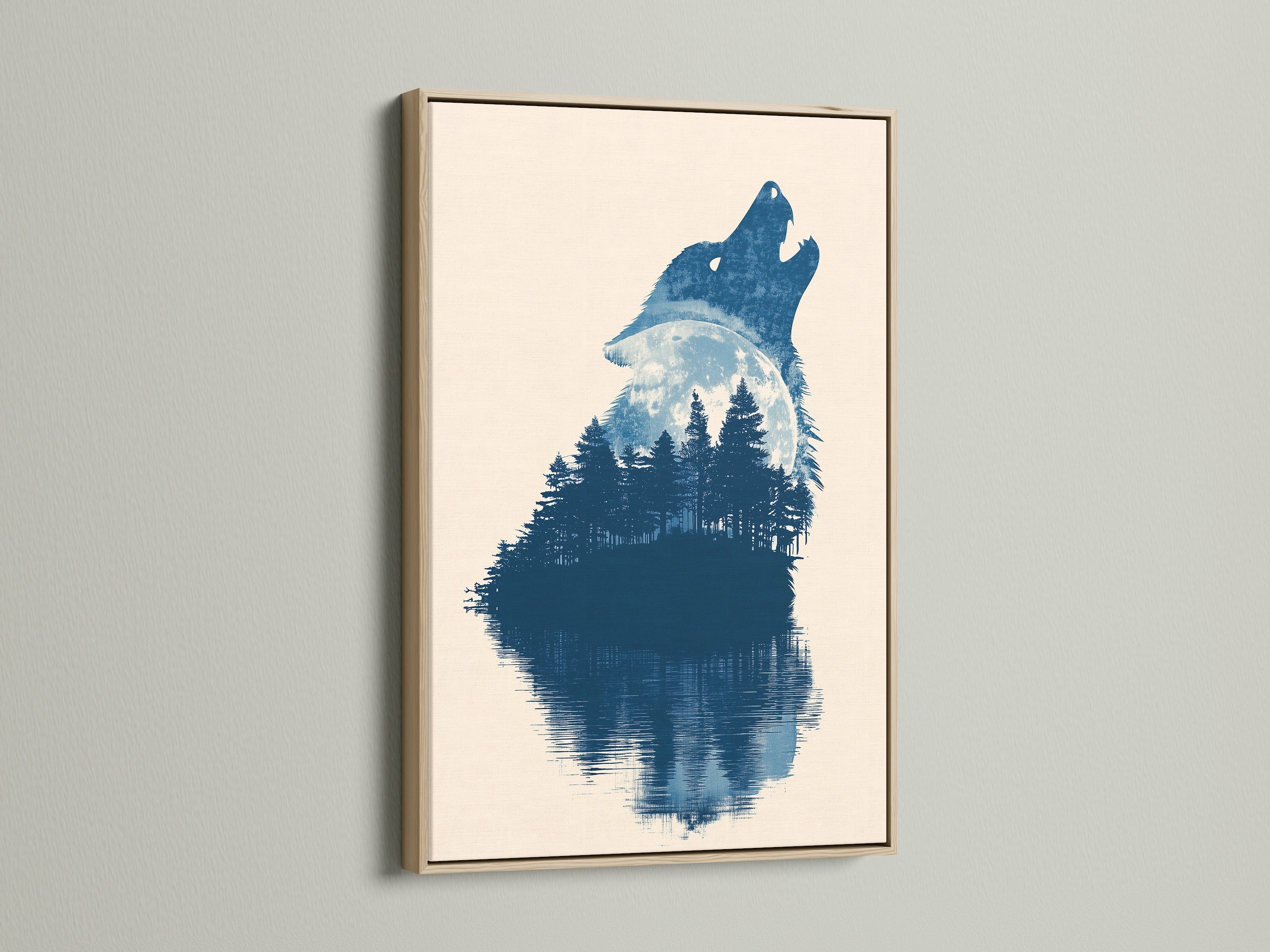 A stunning wolf artwork is showcased. It's encased in a classic oak frame. The natural wood grain adds warmth. It brings a touch of rustic elegance. Perfect for nature lovers. Enhance your interior with this framed artwork. The oak frame complements the artwork beautifully. It creates a harmonious and inviting atmosphere.