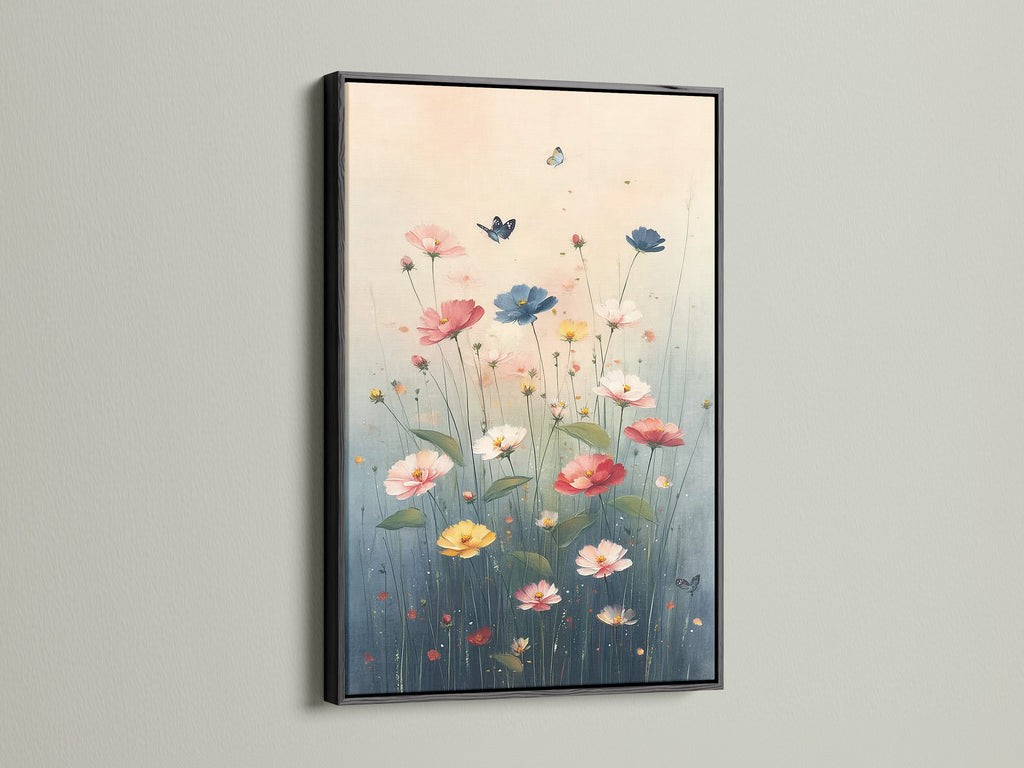 Floral Meadow canvas print with a sleek black frame on a white wall. The artwork features a vibrant array of wildflowers. Butterflies flutter around the flowers. The black frame adds a modern touch. This floral artwork is a beautiful addition to any home decor. Add color to your living space.