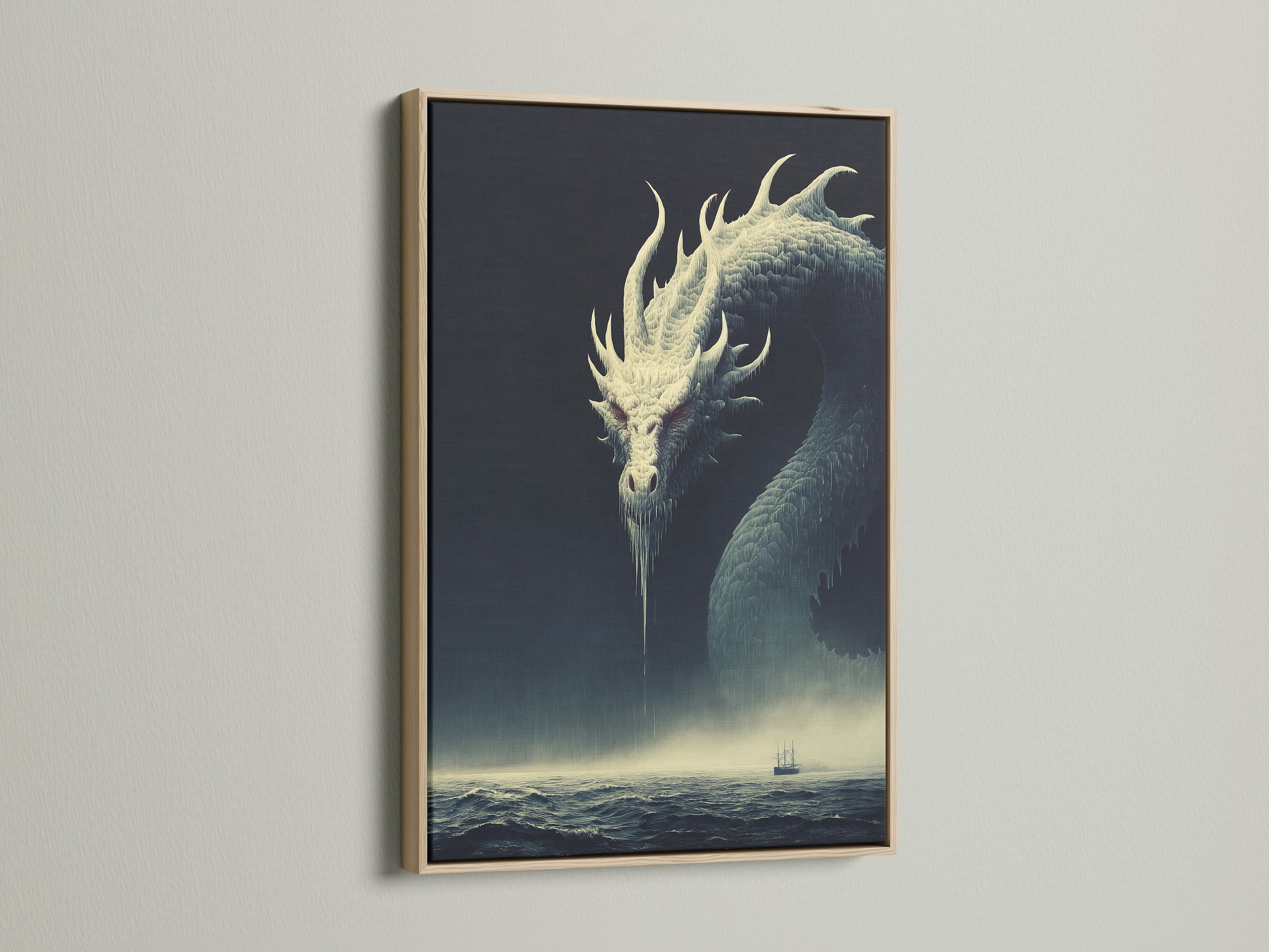The Dragon Canvas Print is shown in an oak frame. This mythical sea serpent wall art is perfect for game room decor. This fantasy creature poster will add a touch of gothic decor to your space.