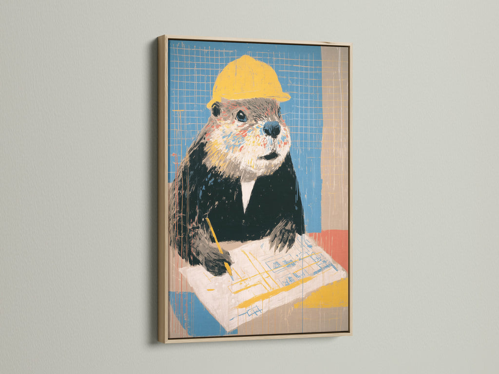 Framed beaver art print in an oak frame. The artwork features a funny animal worker canvas. Perfect office wall decor for a contractor gift. This quirky wall art suits modern and industrial decor. The primary color is yellow.