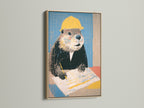 Framed beaver art print in an oak frame. The artwork features a funny animal worker canvas. Perfect office wall decor for a contractor gift. This quirky wall art suits modern and industrial decor. The primary color is yellow.
