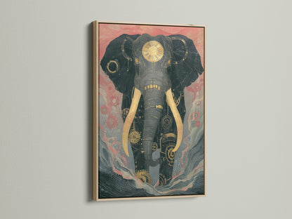 Steampunk Elephant artwork framed in an oak frame. The mechanical animal art creates a vintage feel. It's industrial decor that makes a statement. Perfect for homeowners and renters.
