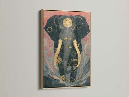 Steampunk Elephant artwork framed in an oak frame. The mechanical animal art creates a vintage feel. It's industrial decor that makes a statement. Perfect for homeowners and renters.