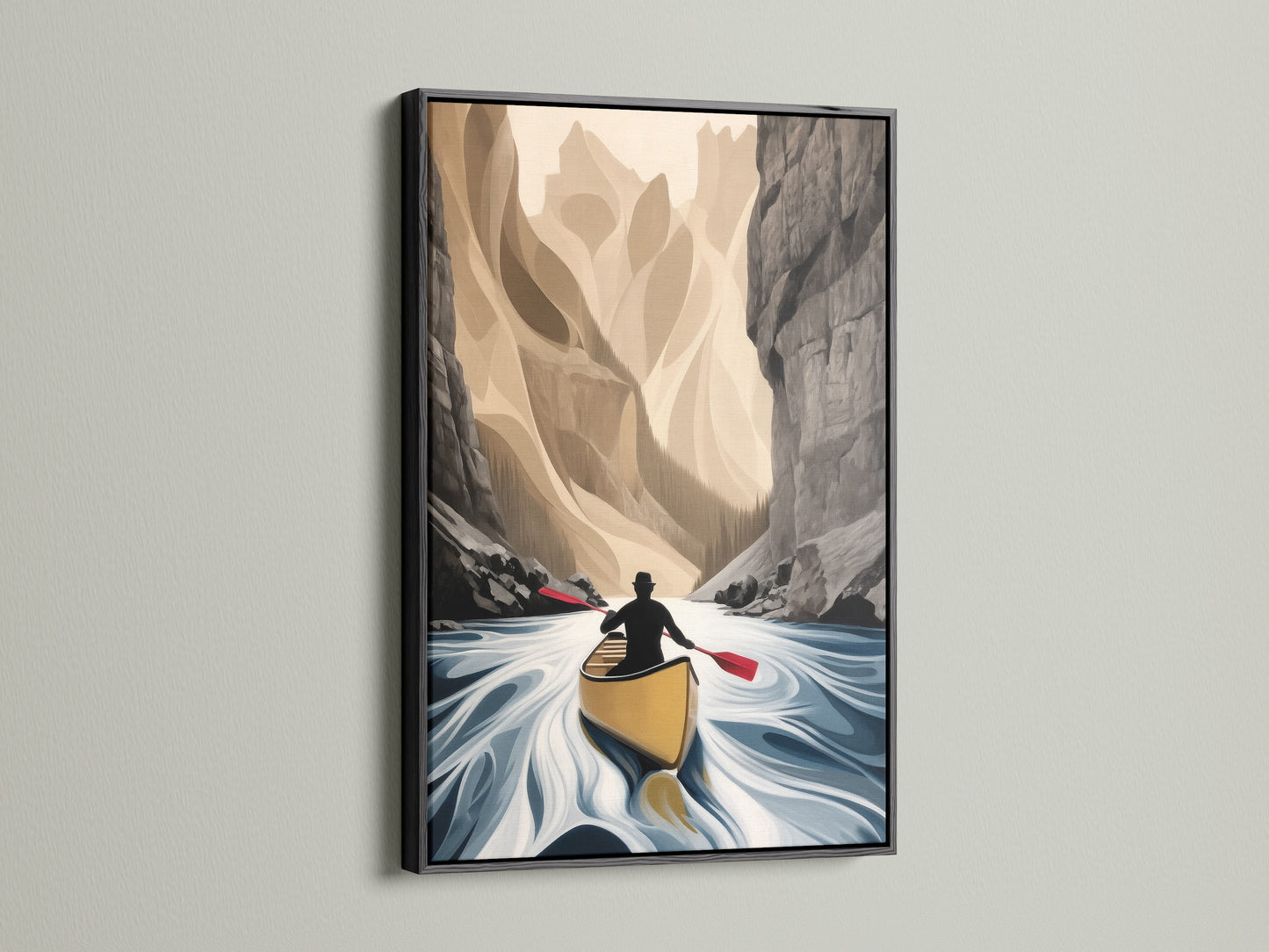 Canoe River canvas art in a black frame. The adventure print provides a modern touch. Its neutral wall art complements various decor styles. Perfect for homeowners renters and outdoor adventurers seeking scenic art