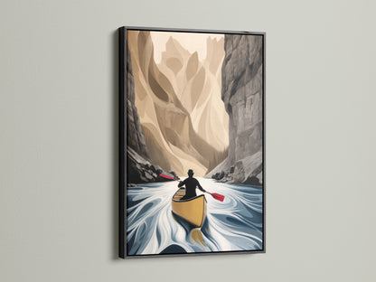 Canoe River canvas art in a black frame. The adventure print provides a modern touch. Its neutral wall art complements various decor styles. Perfect for homeowners renters and outdoor adventurers seeking scenic art