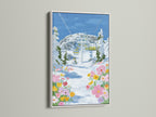 The Ski Lift Canvas Print is displayed in a white frame. The alpine print features a winter landscape. Wildflower artwork adds a touch of color. Ideal for eclectic and Scandinavian styled cabin wall artwork.