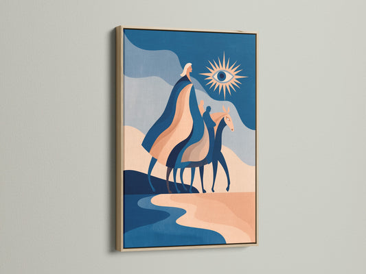 A close-up of modern abstract horse art. The artwork is displayed in an oak frame. The blue terracotta canvas print adds a boho touch to any room. It's ideal for a living room bedroom or entryway. Add a touch of contemporary art to your home