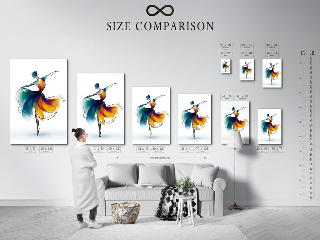 A size comparison chart is displayed in an interior setting. It shows various sizes of the ballet dancer artwork. Options include stretched canvas prints and fine art posters. Find the perfect fit for your dance studio or home.