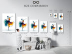 A size comparison chart is displayed in an interior setting. It shows various sizes of the ballet dancer artwork. Options include stretched canvas prints and fine art posters. Find the perfect fit for your dance studio or home.