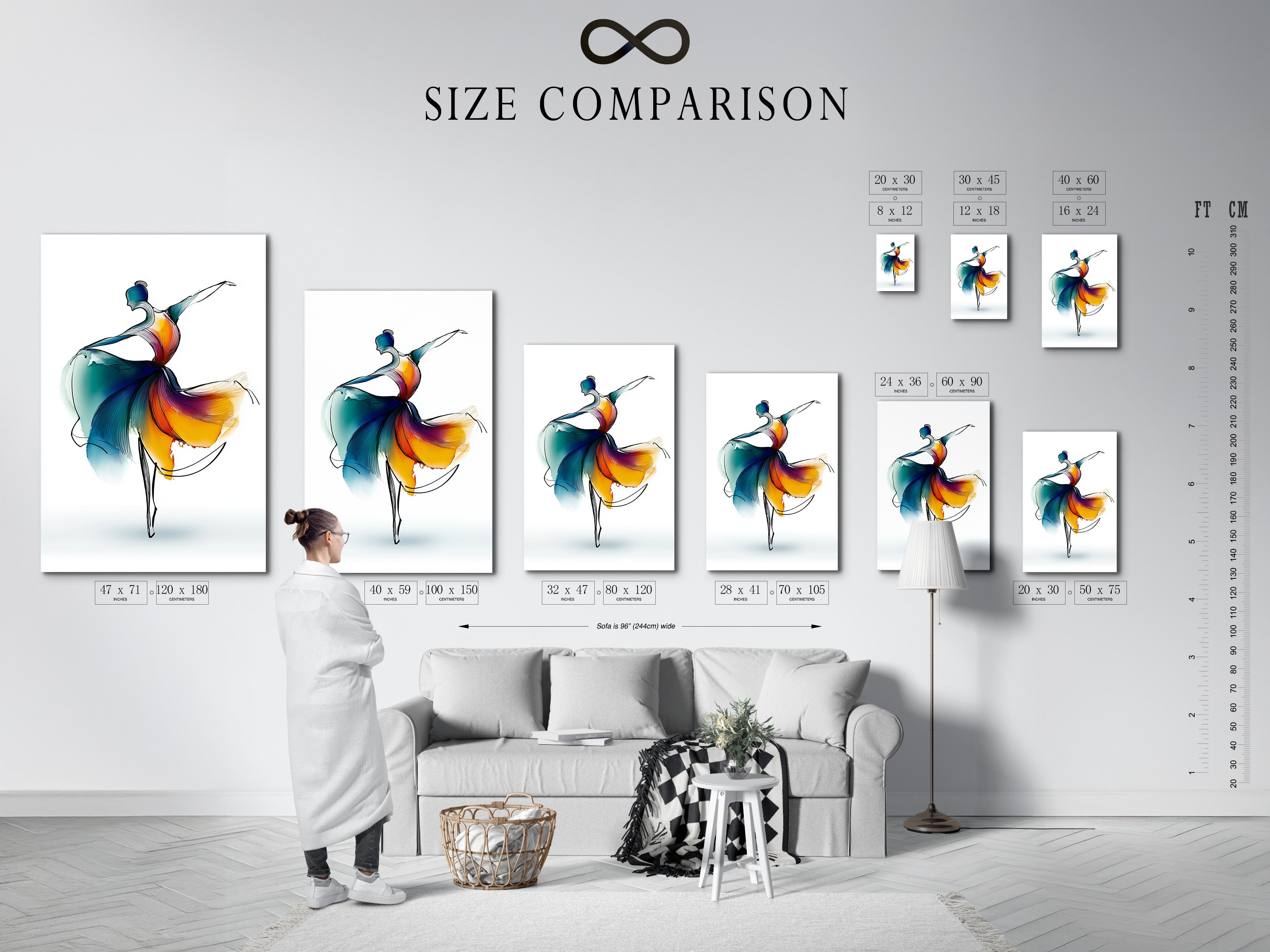 A size comparison chart is displayed in an interior setting. It shows various sizes of the ballet dancer artwork. Options include stretched canvas prints and fine art posters. Find the perfect fit for your dance studio or home.