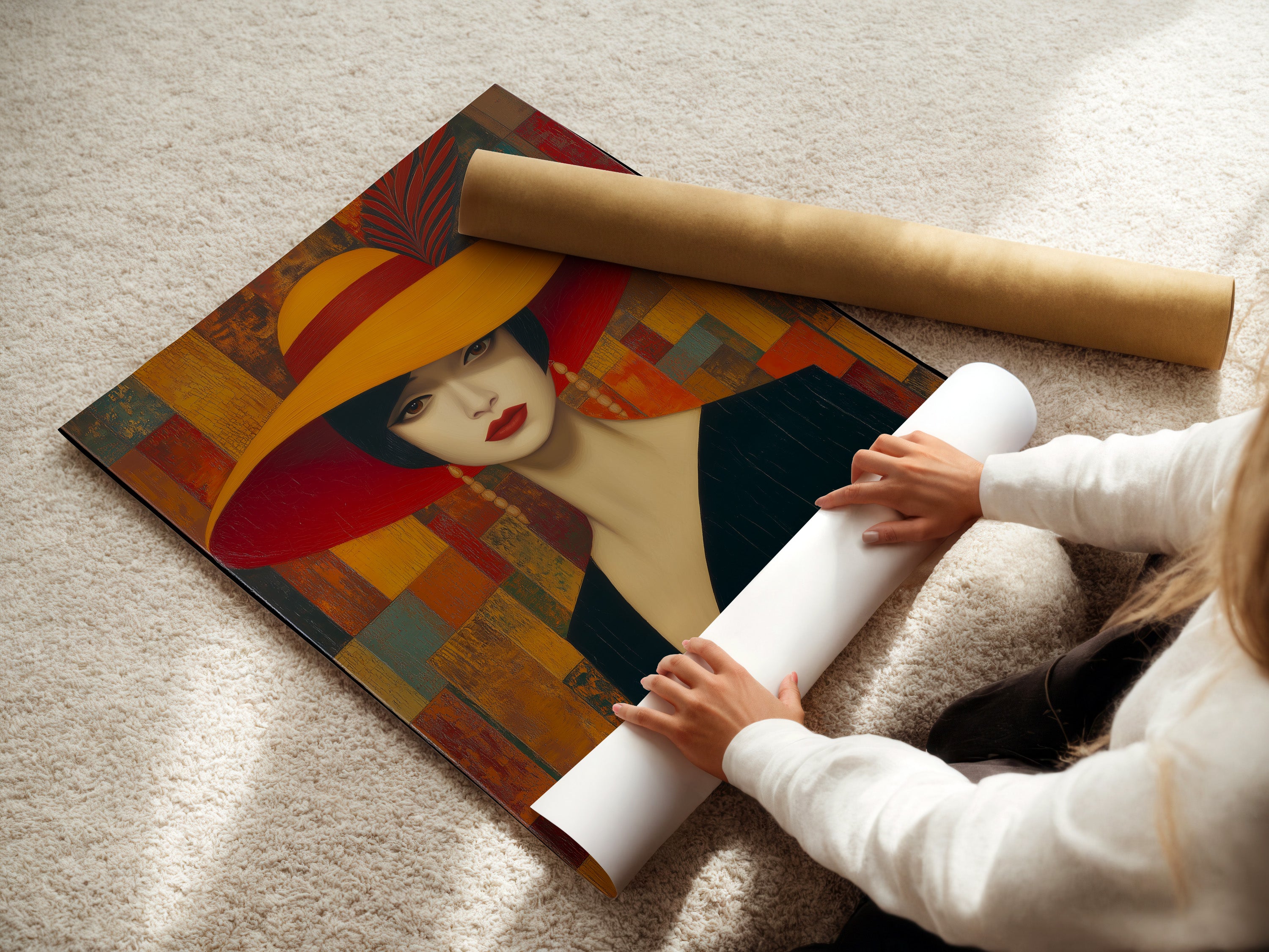 A woman carefully rolls a fine art poster paper. This vintage woman portrait art will look great as a poster. Prepare your elegant lady art for dining room decor or any space.