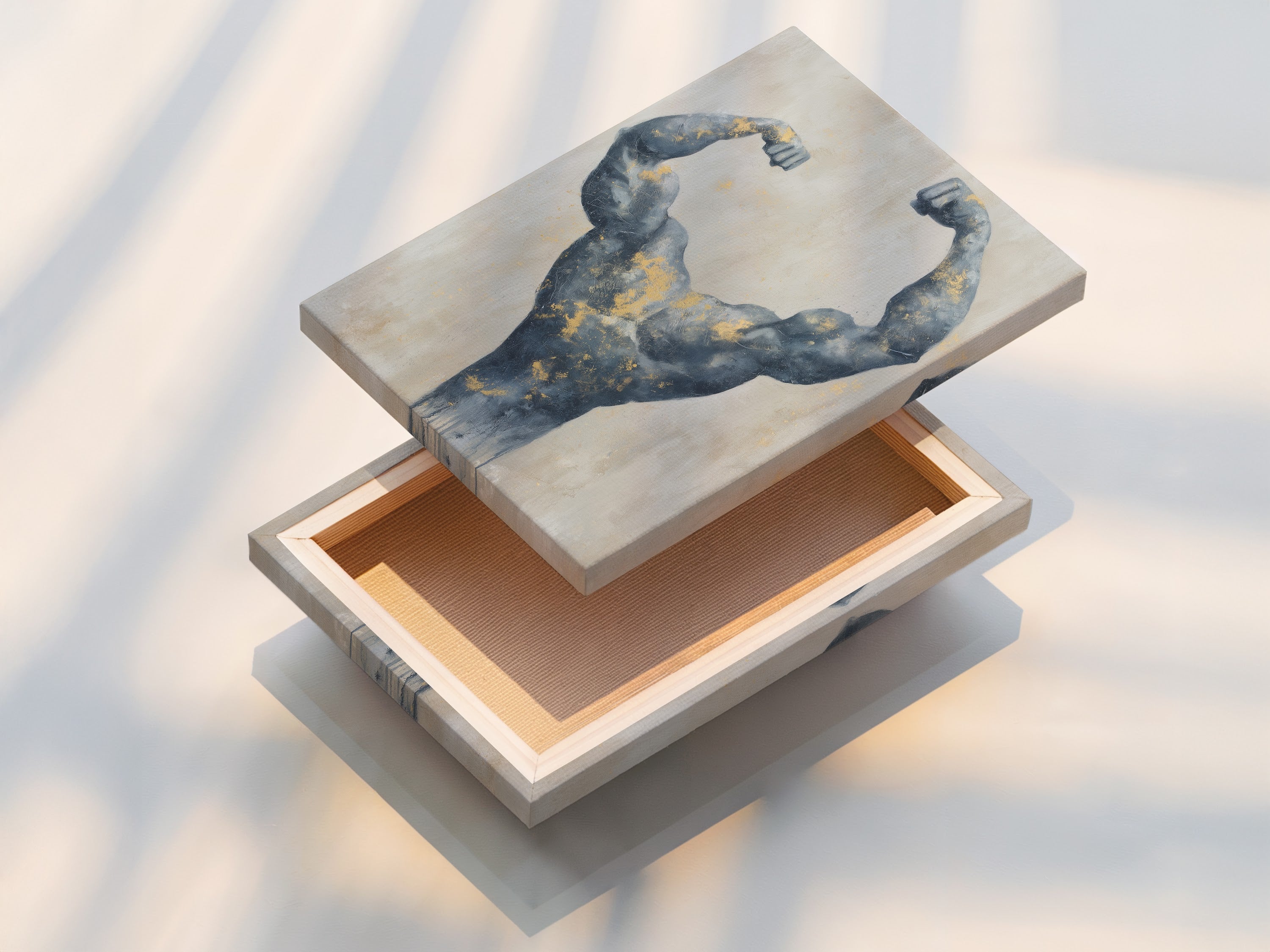 This is a stretched canvas print of bodybuilder art. The gray muscle canvas features gold accents. This modern fitness decor adds style to any gym or home. Find strength in this unique artwork.