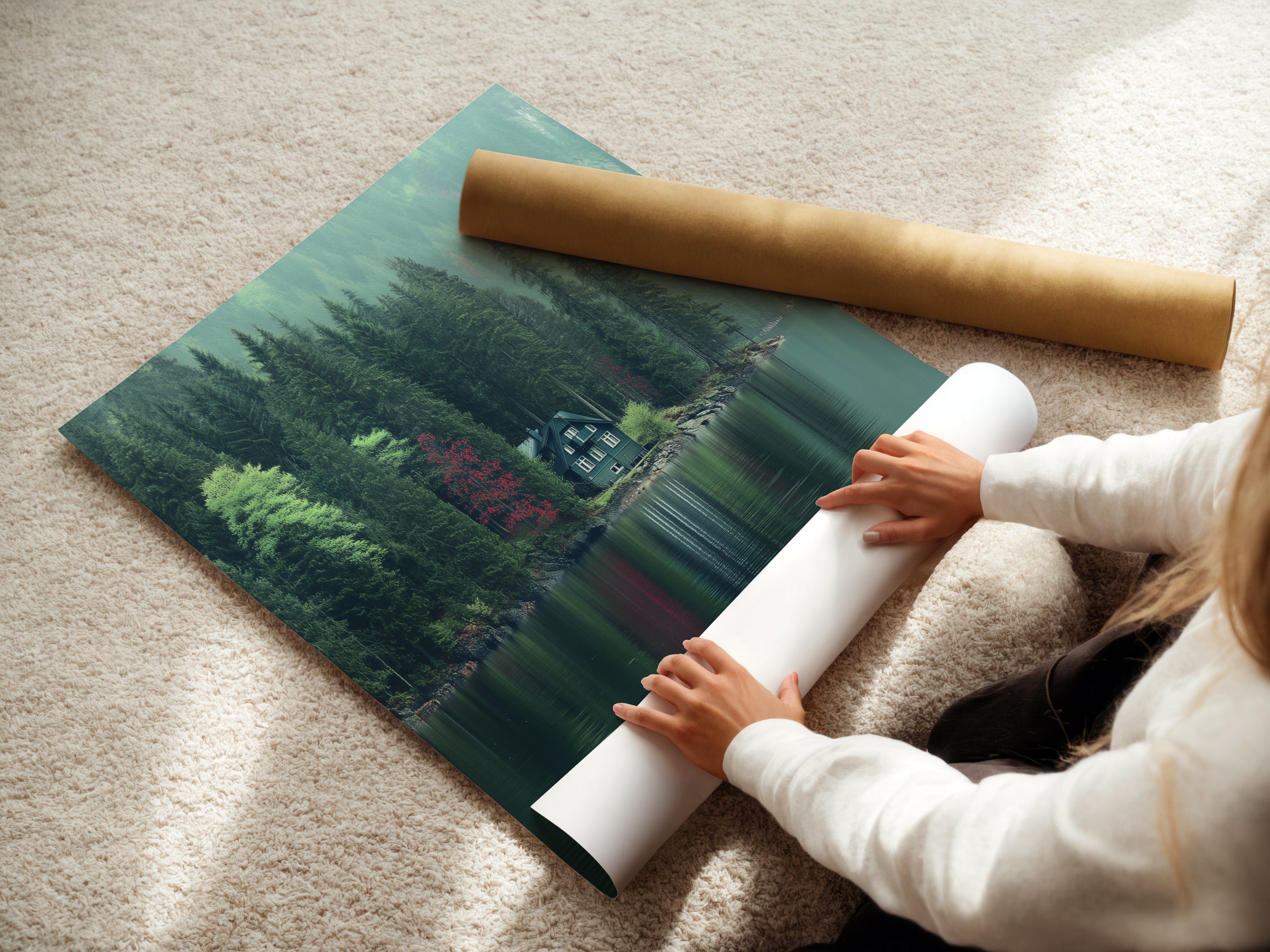 A woman is carefully rolling a fine art poster paper of the Lakeside Cabin artwork. The artwork captures a serene lake landscape with a cabin nestled among green pine trees. The fine art poster paper ensures a high-quality nature print. Perfect for framing and displaying in any space.
