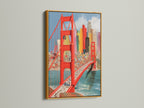 A gold frame accentuates the Golden Gate Bridge artwork. This colorful artwork brings a luxurious feel to any space. The San Francisco print is great as office wall decor or a travel souvenir. This cityscape wall art is a vibrant piece of California decor.