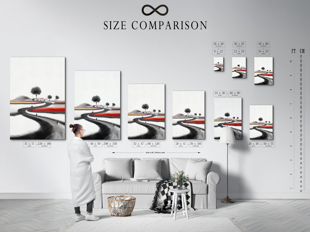 Size comparison chart featuring the Ink Wash Landscape artwork in an interior setting. See how different sizes can transform your space. Minimalist Asian-inspired wall art enhances any room. This zen wall art brings a sense of calm. The artwork is perfect for minimalist Scandinavian or eclectic styles.