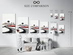 Size comparison chart featuring the Ink Wash Landscape artwork in an interior setting. See how different sizes can transform your space. Minimalist Asian-inspired wall art enhances any room. This zen wall art brings a sense of calm. The artwork is perfect for minimalist Scandinavian or eclectic styles.