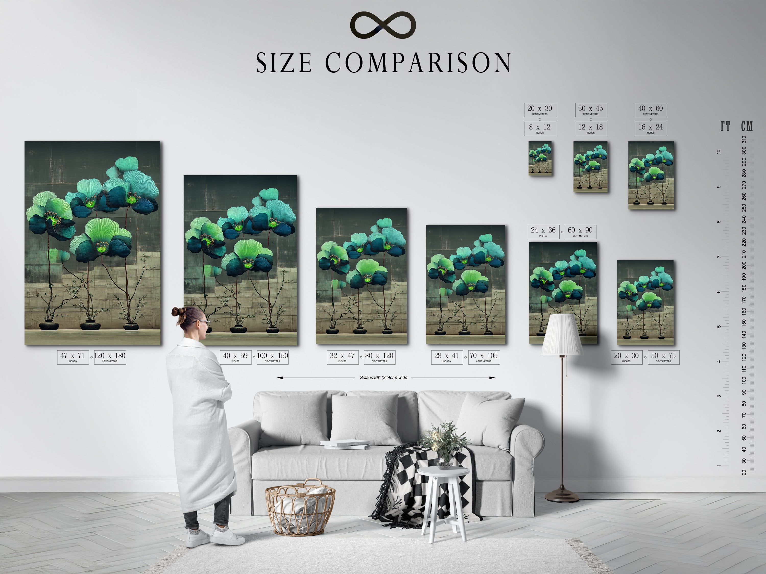 A size comparison chart displayed in an interior setting. This chart helps visualize the different sizes of the floral botanical artwork. It will allow you to select the perfect fit for your wall space.