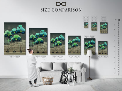 A size comparison chart displayed in an interior setting. This chart helps visualize the different sizes of the floral botanical artwork. It will allow you to select the perfect fit for your wall space.