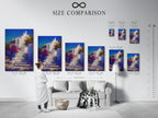 Size comparison chart for the Mediterranean Village artwork. Various sizes are displayed in an interior setting. Options include Greek Island staircase print and coastal wall decor. Blue and white artwork looks stunning.