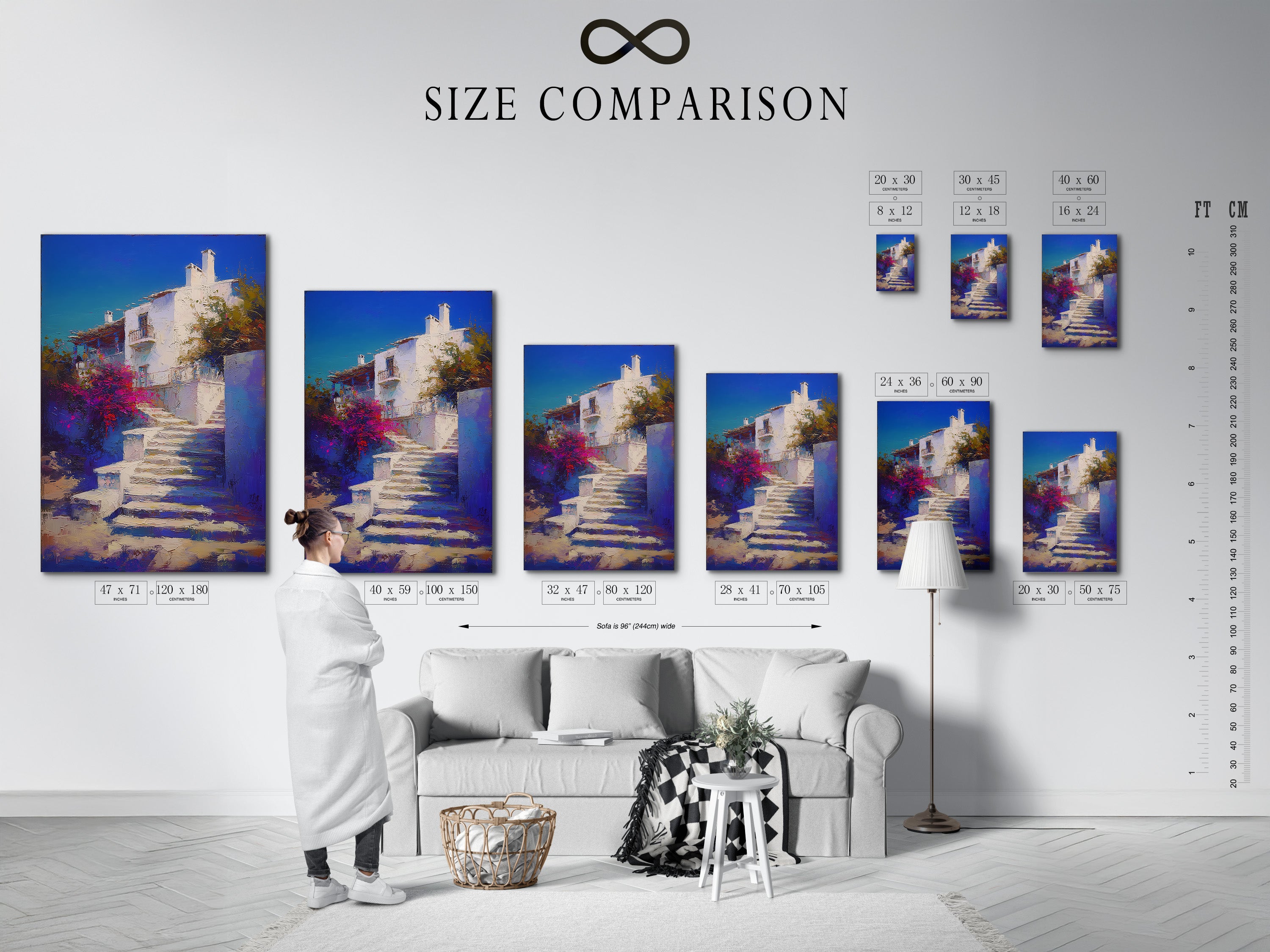 Size comparison chart for the Mediterranean Village artwork. Various sizes are displayed in an interior setting. Options include Greek Island staircase print and coastal wall decor. Blue and white artwork looks stunning.