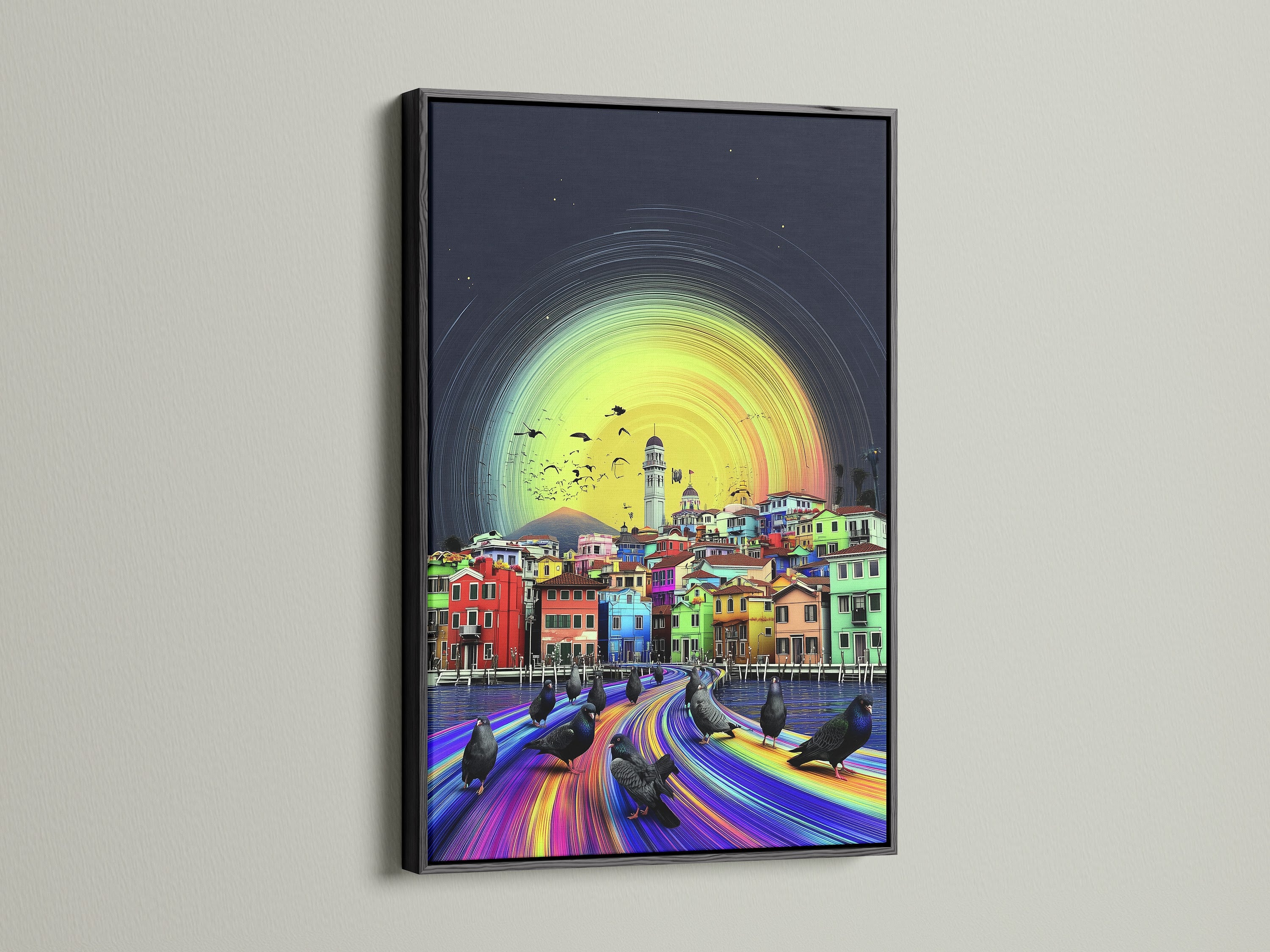 Enhance your space with this Venice Italy canvas print. The artwork is showcased in a sleek black frame. The colorful Italian wall art creates a striking focal point. Perfect for bedroom wall decor or European wall art collection.