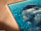 A close-up shows a canvas print in a floating frame. The floating frame gives the heron artwork a gallery look. This piece is perfect for showcasing your fine art. It is ideal for art collectors and interior decorators.
