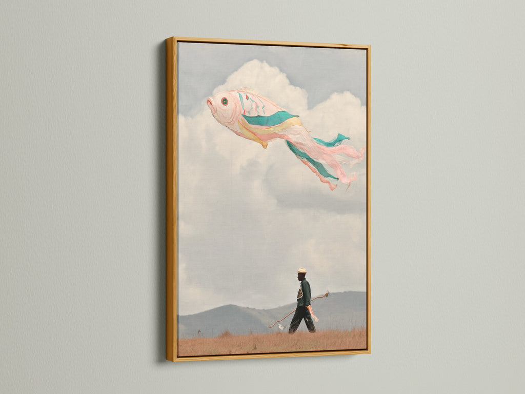 A surreal Fish Kite art print gleams in a gold frame. This dreamlike print enhances bohemian and eclectic spaces. The whimsical artwork brings fantasy wall art to life. Pastel colors add a unique touch. It is perfect for art collectors seeking imaginative art. This piece is ideal for living rooms and bedrooms.