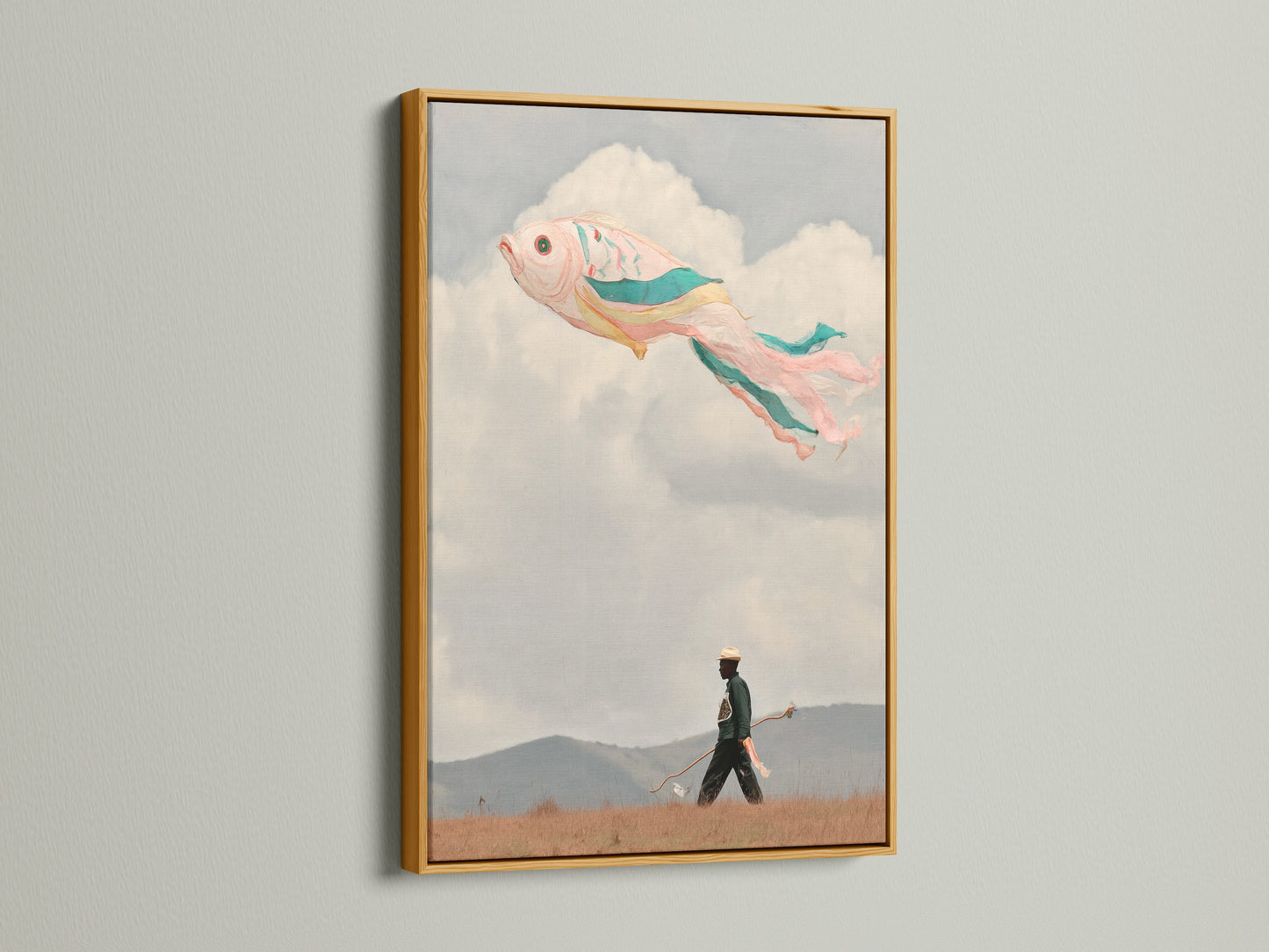 Here is a surreal flying fish artwork in a gold frame. It brings fantasy art to your walls. The piece features a fish floating in a pastel sky. The gold frame adds a touch of elegance. It enhances the artwork's whimsical feel. It is a great addition to any decor style with its unique artwork.