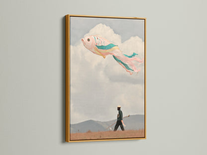 Here is a surreal flying fish artwork in a gold frame. It brings fantasy art to your walls. The piece features a fish floating in a pastel sky. The gold frame adds a touch of elegance. It enhances the artwork's whimsical feel. It is a great addition to any decor style with its unique artwork.